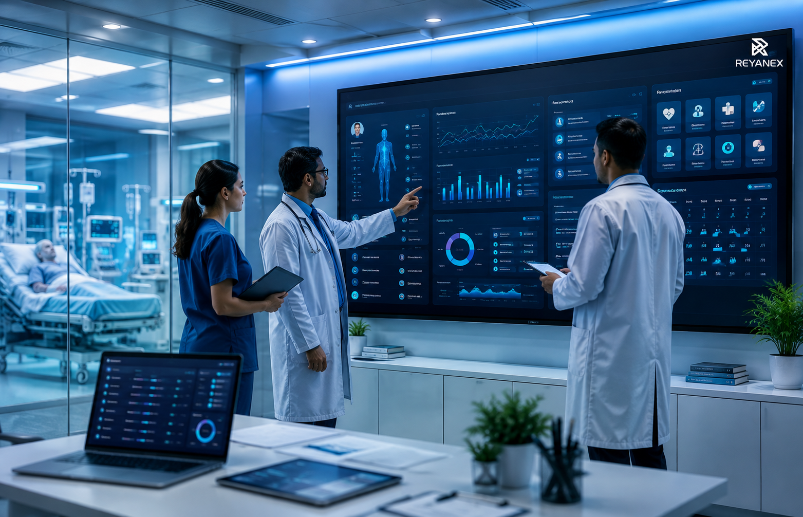 Healthcare software dashboard visual for patient registration, clinical workflow, billing, and hospital reporting