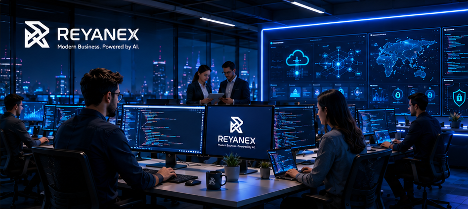 Reyanex software dashboard hero visual showing connected ERP, websites, apps, and automation workflows
