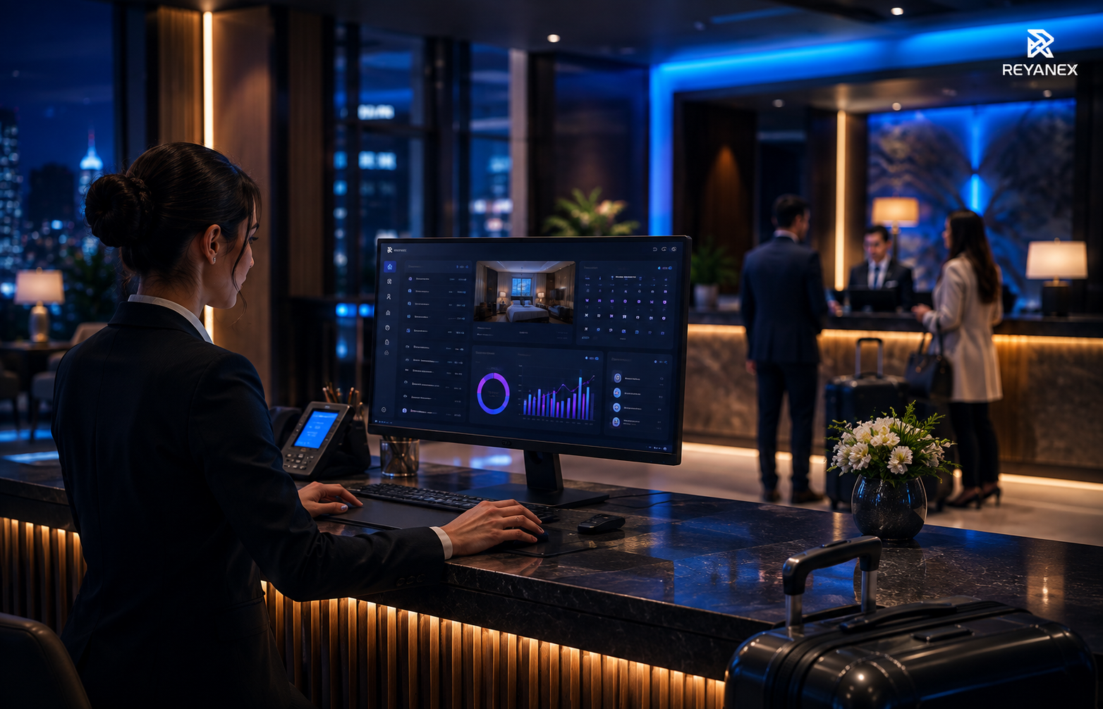 Hospitality software dashboard visual for hotel bookings, room operations, and guest management
